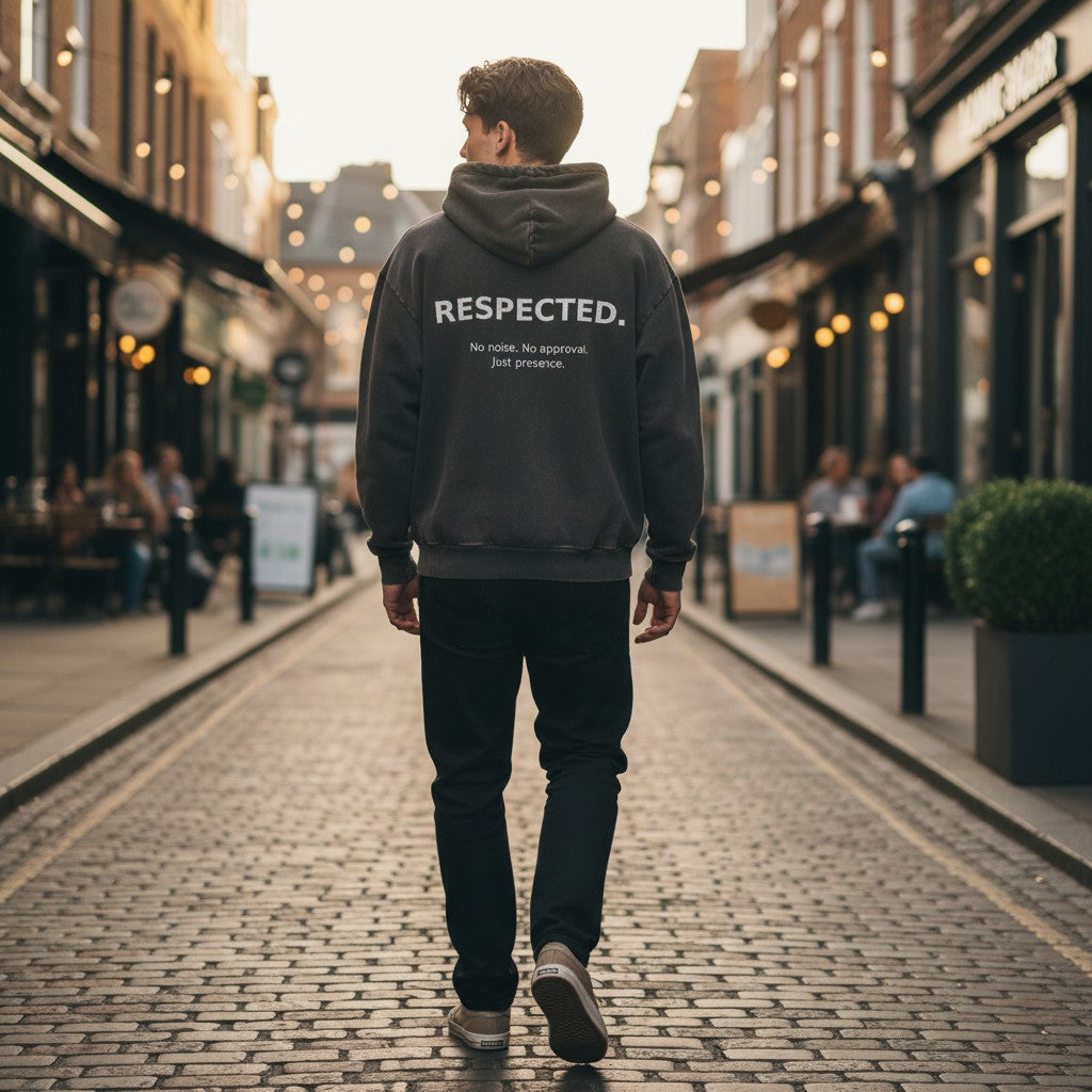 Man wearing a charcoal Urban Fashion & Streetwear | Craftklart graphic hoodie with Respected text on a city street