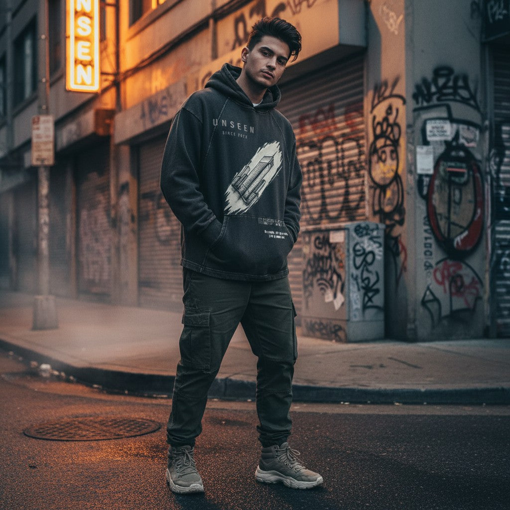 A man wearing a charcoal Urban Fashion & Streetwear | Craftklart graphic pullover hoodie with a vintage-wash finish.