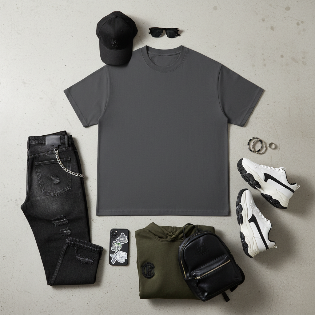 Urban Fashion & Streetwear | Craftklart charcoal grey cotton t-shirt flat lay with black jeans, hoodie, and sneakers