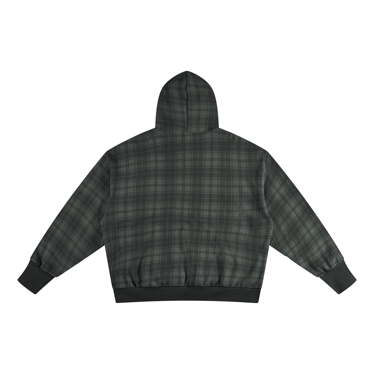 Back view of Urban Fashion & Streetwear | Craftklart charcoal plaid oversized pullover hoodie with ribbed hem