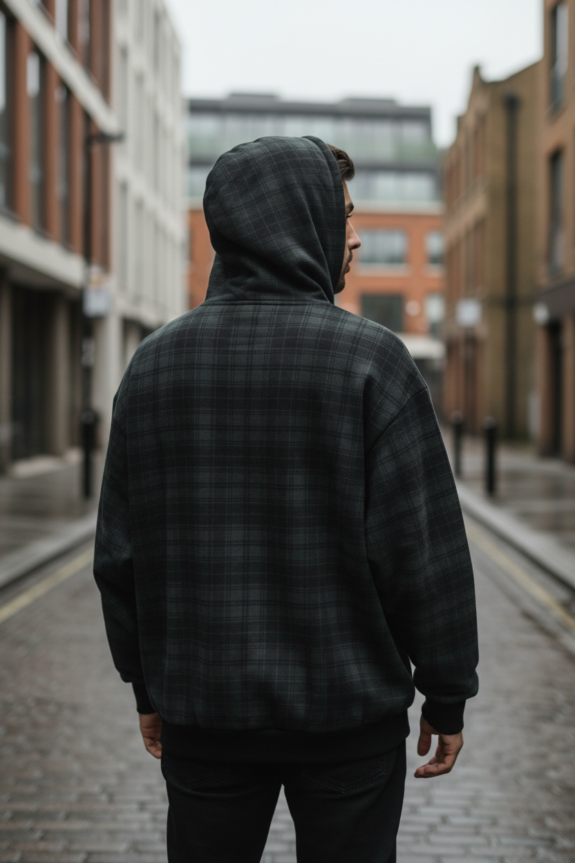 Urban Fashion & Streetwear | Craftklart charcoal plaid pullover hoodie worn by a man on a city street