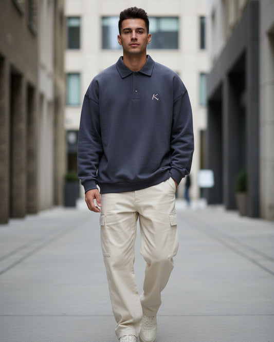 Urban Fashion & Streetwear | Craftklart dark grey men's half-placket polo collar sweatshirt with embroidered logo