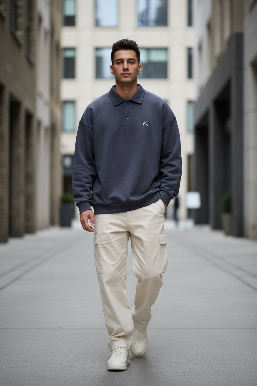 Urban Fashion & Streetwear | Craftklart dark grey men's half-placket polo collar sweatshirt with embroidered logo