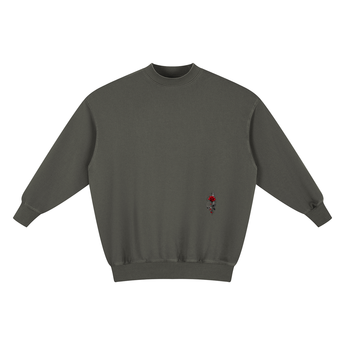 Urban Fashion & Streetwear | Craftklart oversized charcoal grey vintage wash crewneck sweatshirt with a small rose detail