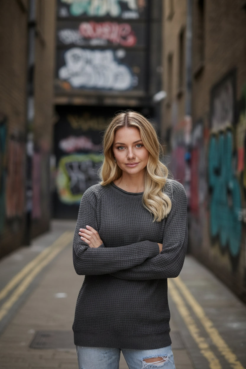 Urban Fashion & Streetwear | Craftklart charcoal grey waffle knit long sleeve crewneck sweater on a blonde model