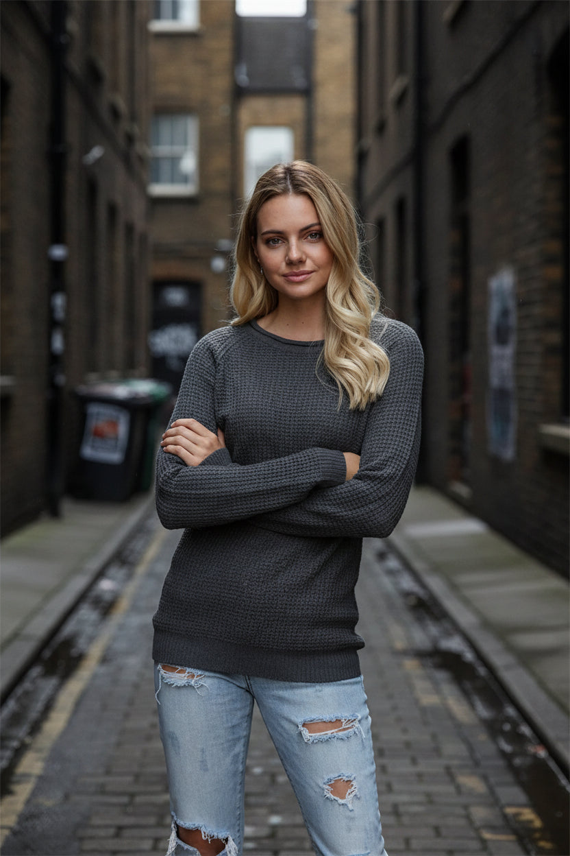 Urban Fashion & Streetwear | Craftklart charcoal grey waffle knit long sleeve crewneck sweater worn by a blonde model