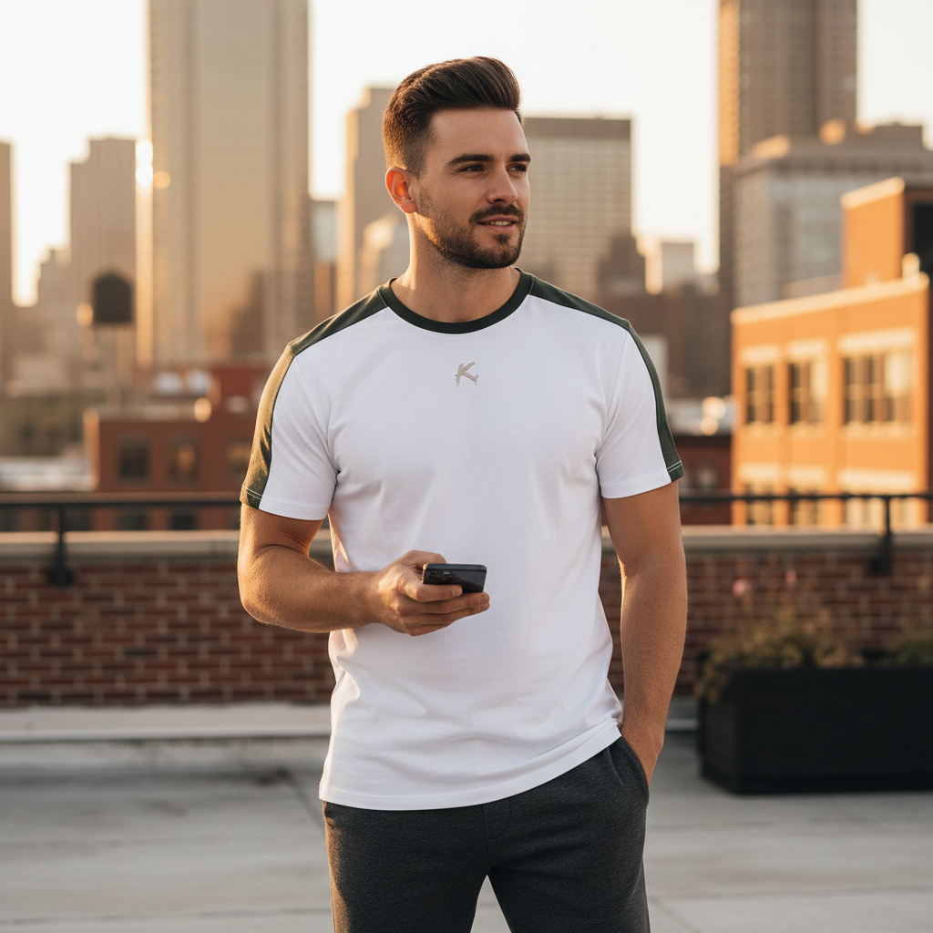 A man wearing an Urban Fashion & Streetwear | Craftklart color block performance t-shirt with raglan sleeves on a roof