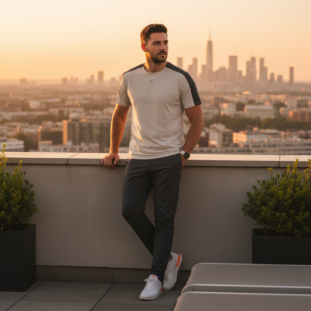 A man wearing an Urban Fashion & Streetwear | Craftklart color block performance t-shirt on a city rooftop at sunset.