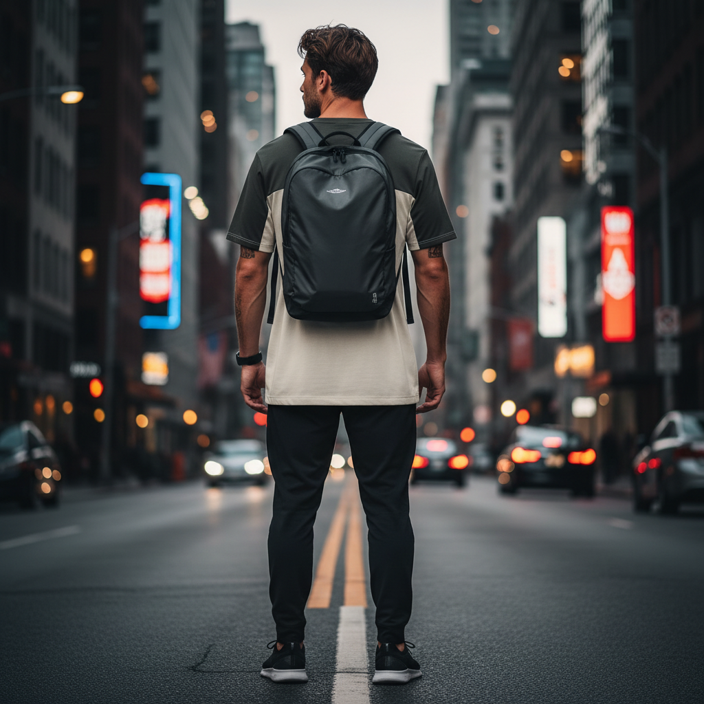 A man wearing an Urban Fashion & Streetwear | Craftklart color block performance t-shirt with a backpack in the city.