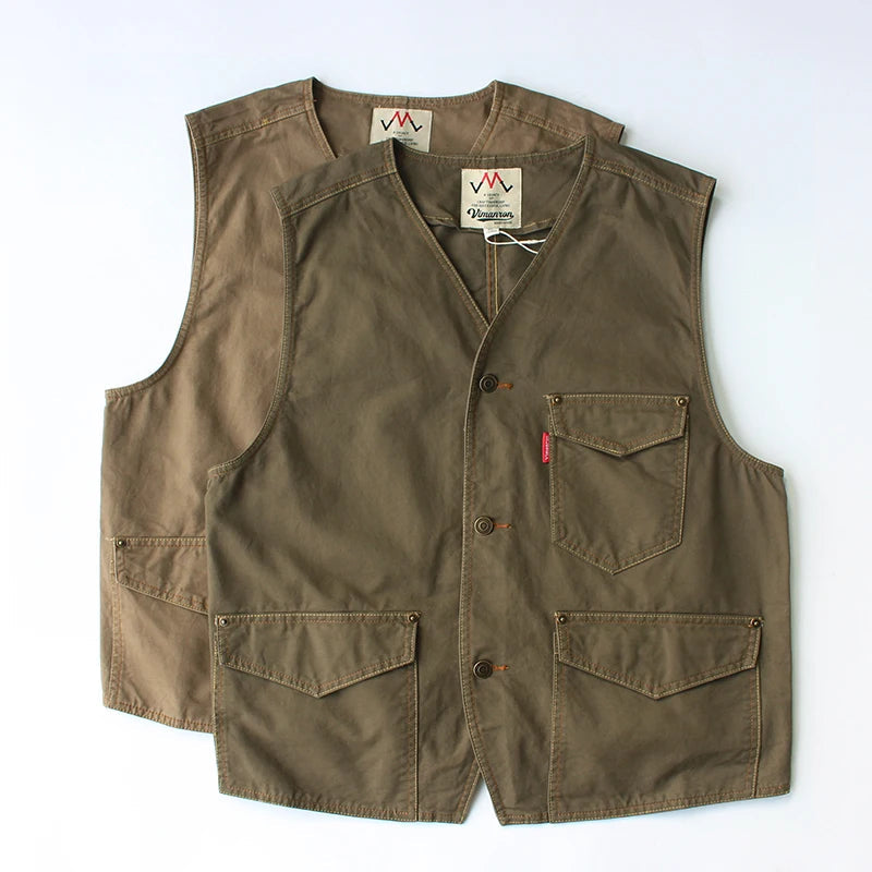 Urban Fashion & Streetwear | Craftklart men's retro cotton V-neck utility vest in olive green with multiple pockets.