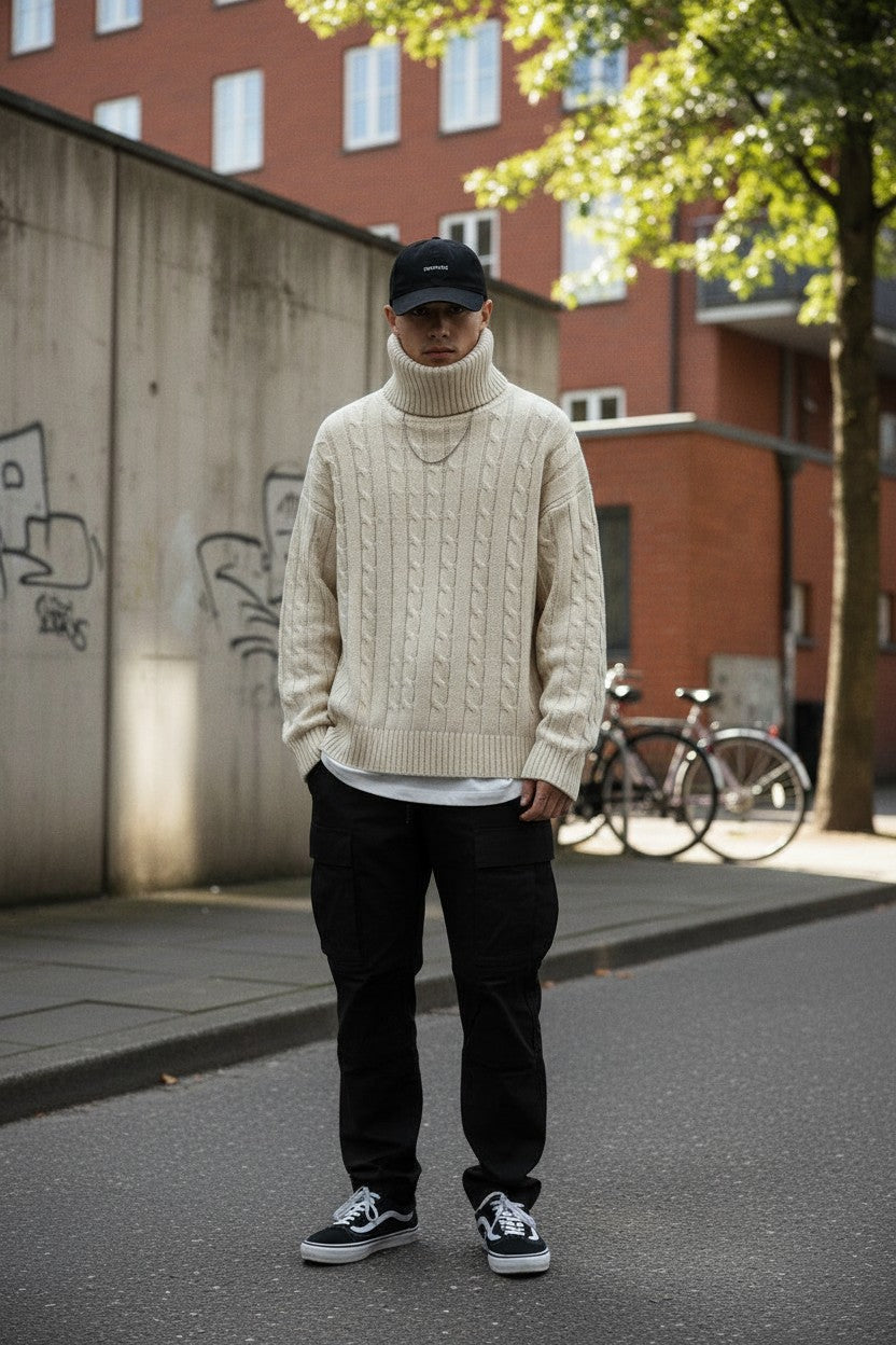 Urban Fashion & Streetwear | Craftklart cream cable knit turtleneck sweater worn by a man in a city street setting