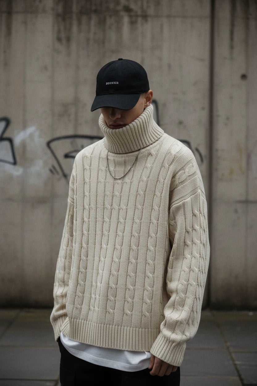 Urban Fashion & Streetwear | Craftklart cream cable knit turtleneck sweater worn by a man in a black baseball cap