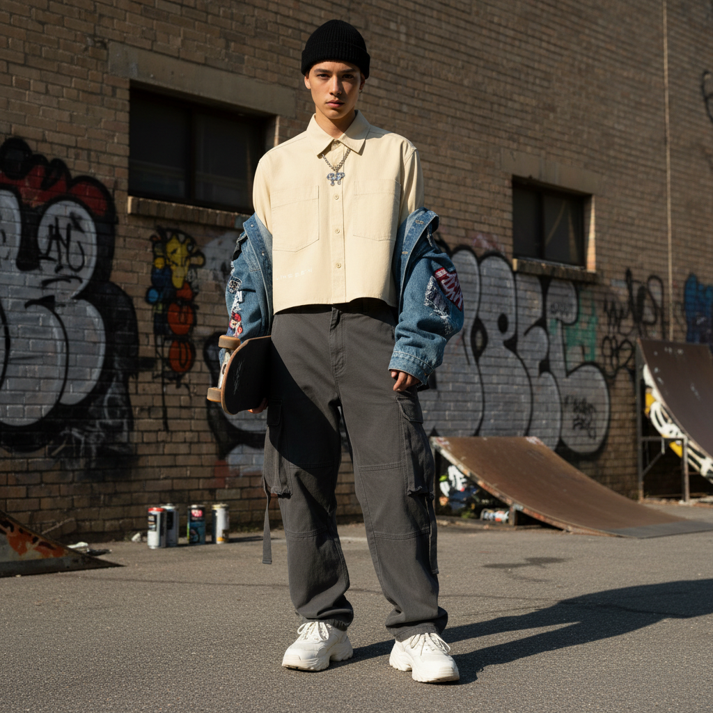 Urban Fashion & Streetwear | Craftklart cream cotton crop shirt with lapel collar and pocket worn by a skater
