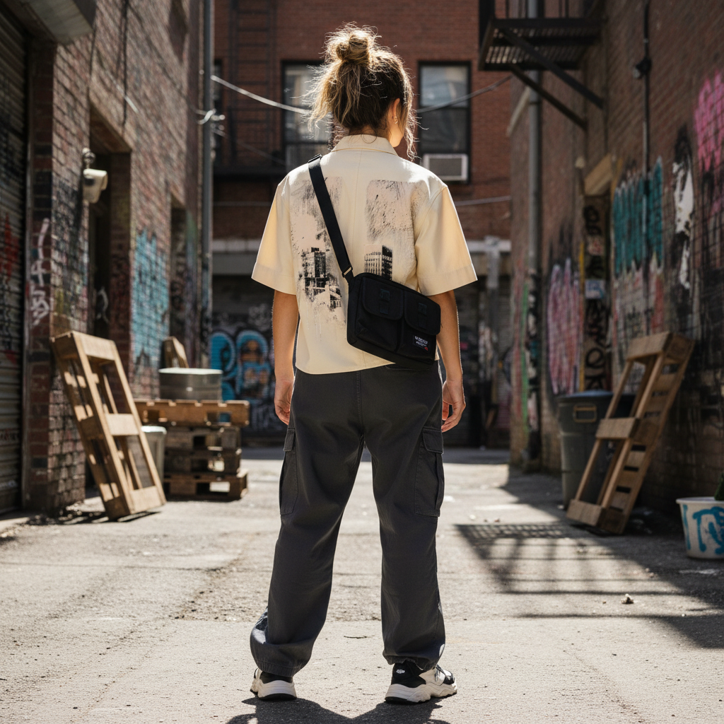 Urban Fashion & Streetwear | Craftklart cream cotton crop shirt with graphic print, worn with a black crossbody bag.