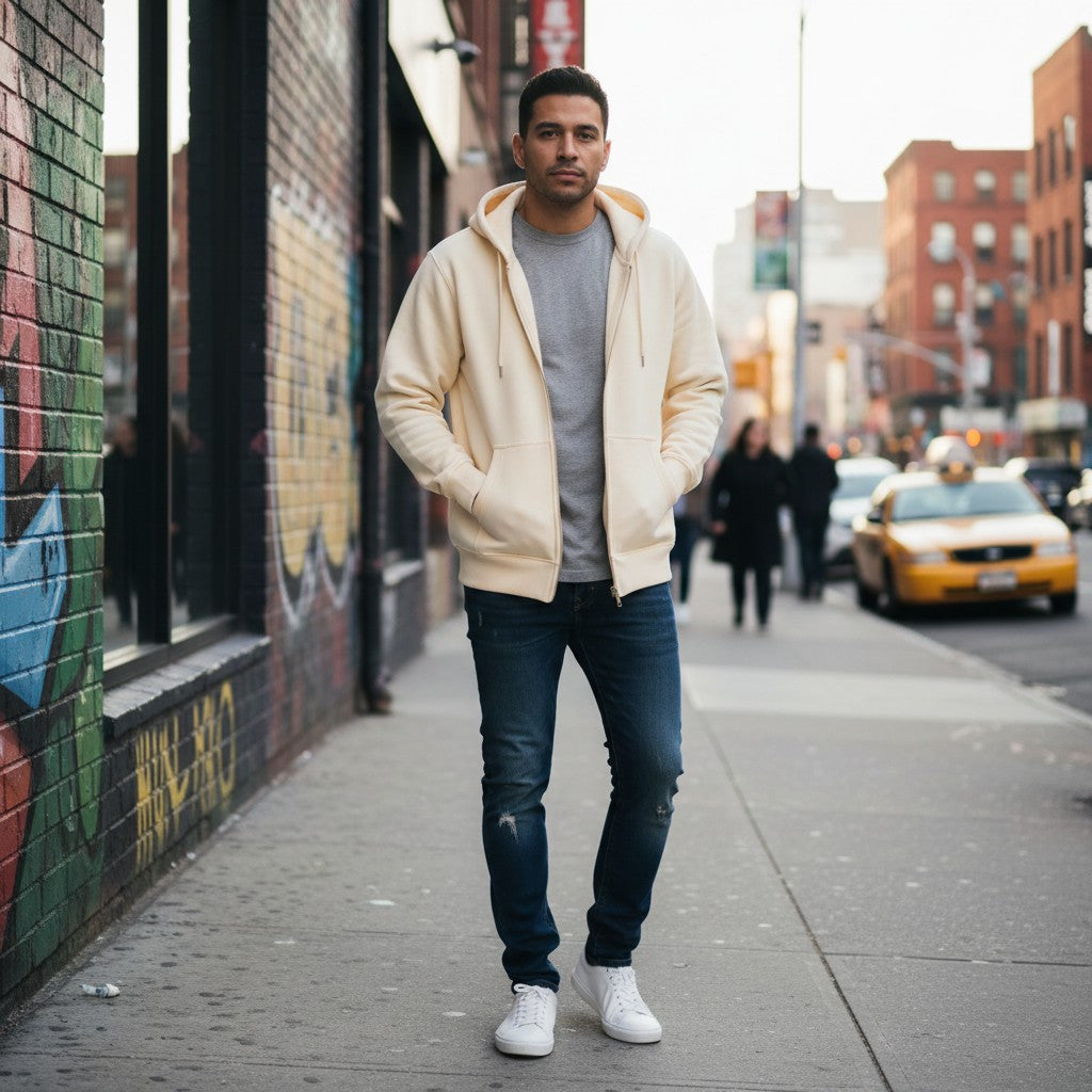 A man wearing an Urban Fashion & Streetwear | Craftklart cream fleece full zip hoodie over a grey t-shirt on a city street.