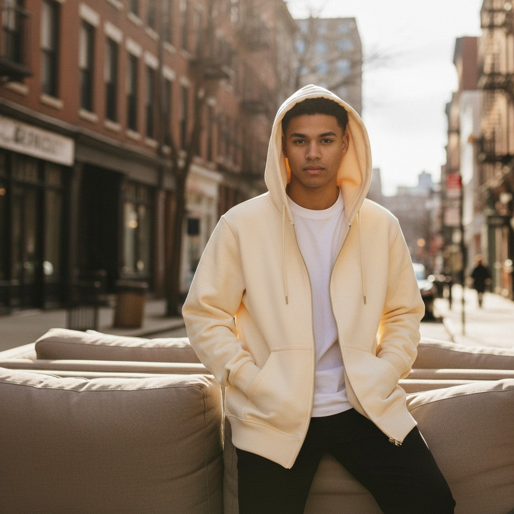 A man wearing an Urban Fashion & Streetwear | Craftklart cream fleece full-zip hoodie outdoors in a city setting.