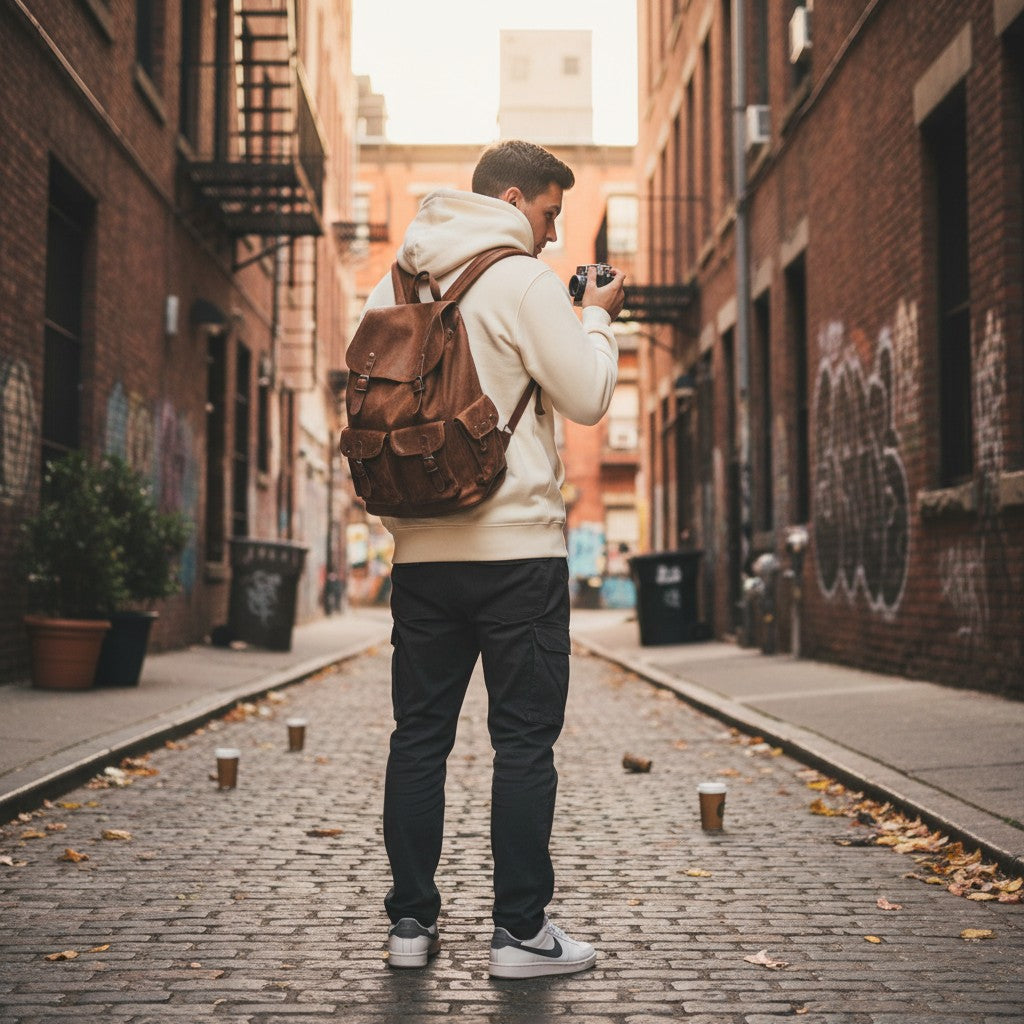 Urban Fashion & Streetwear | Craftklart unisex cream fleece full zip hoodie worn by a man with a brown leather backpack