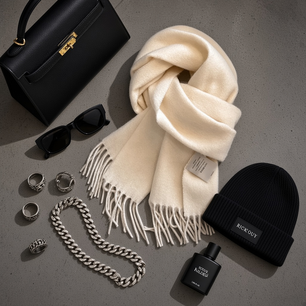 Urban Fashion & Streetwear | Craftklart premium wool scarf in cream with fringe, styled with black accessories.