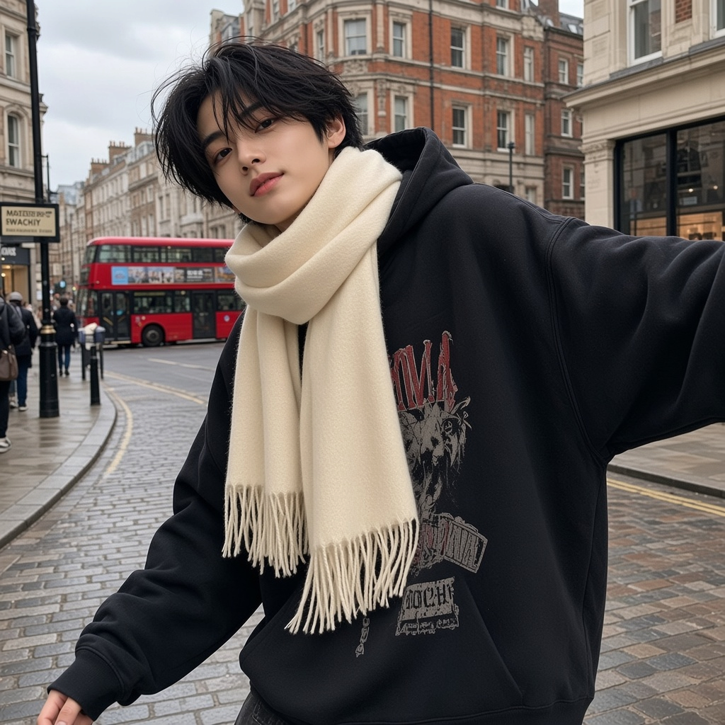 A young man wearing an Urban Fashion & Streetwear | Craftklart cream wool scarf with fringe on a London city street.