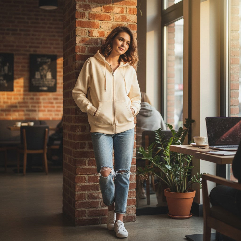 Urban Fashion & Streetwear | Craftklart unisex cream fleece full zip hoodie worn by a woman in a cafe setting.