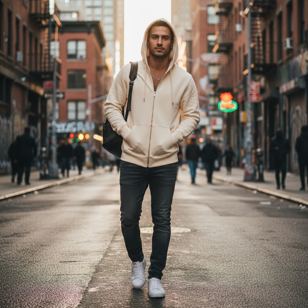 Man wearing an Urban Fashion & Streetwear | Craftklart cream fleece full zip hoodie with a hood in a city street