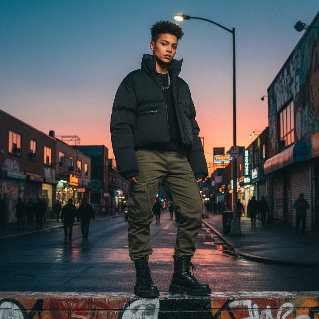 Urban Fashion & Streetwear | Craftklart cropped black puffer jacket with high collar worn by a model on a city street