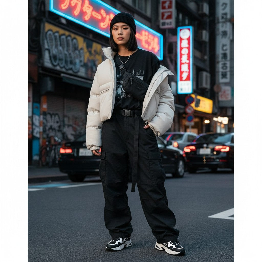 Urban Fashion & Streetwear | Craftklart cropped white puffer jacket worn by a woman in a city street at night