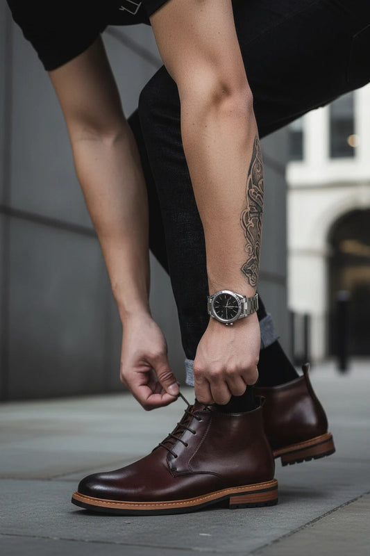 Urban Fashion & Streetwear | Craftklart dark brown leather lace-up work boots worn by a man in an urban setting.