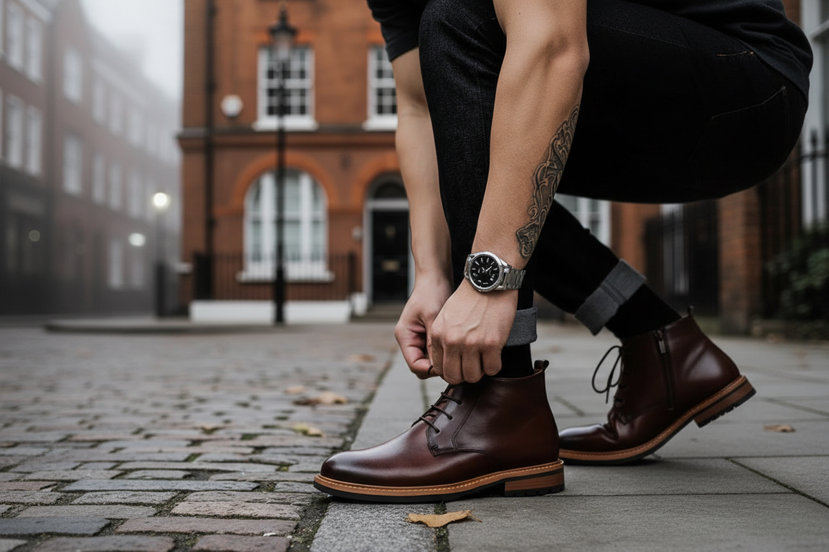 Urban Fashion & Streetwear | Craftklart dark brown leather lace-up work boots worn by a man on a city street.
