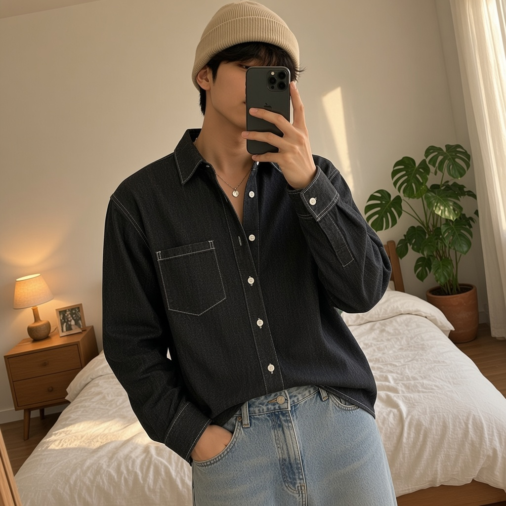 Urban Fashion & Streetwear | Craftklart unisex dark denim shirt with white contrast stitching and a single chest pocket.