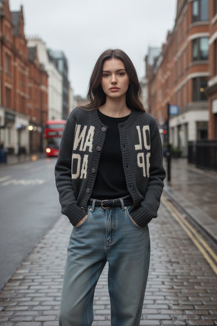 Urban Fashion & Streetwear | Craftklart dark gray oversized letter jacquard knit cardigan worn by a woman on a street