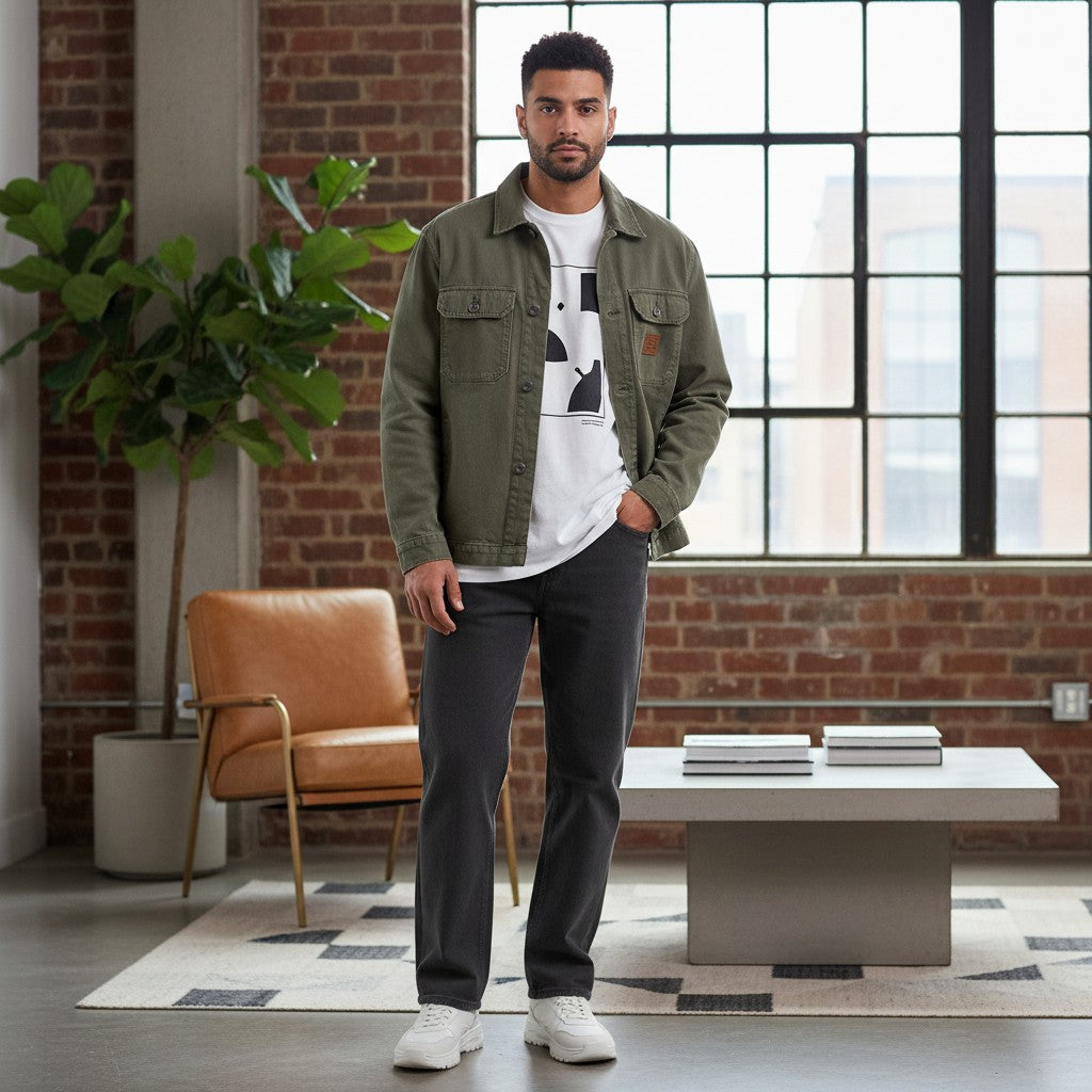 A man wearing Urban Fashion & Streetwear | Craftklart dark gray vintage wash straight leg jeans and a green jacket.