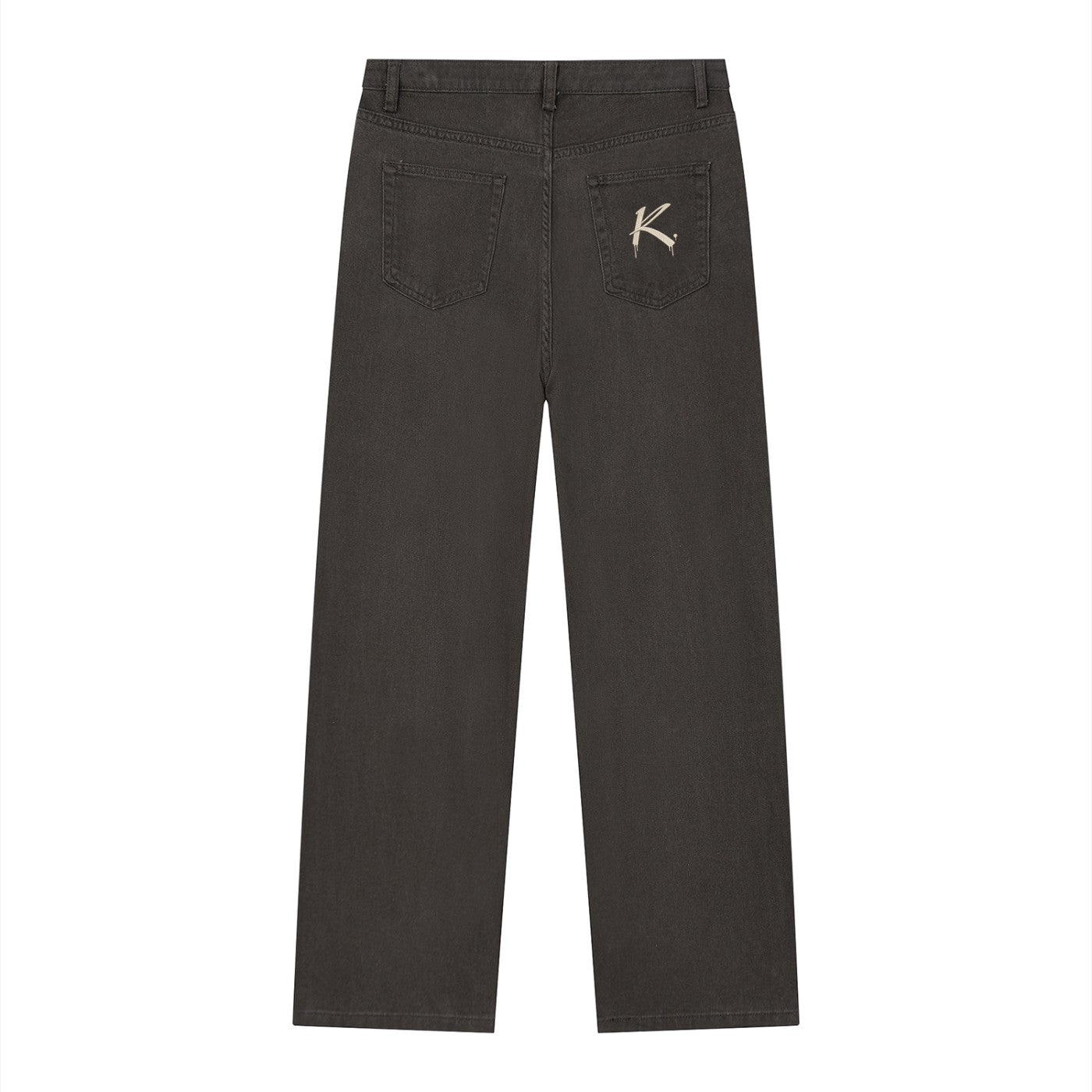 Back view of Urban Fashion & Streetwear | Craftklart dark gray vintage wash straight leg jeans with logo embroidery.