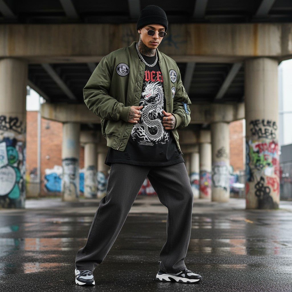 A model wearing Urban Fashion & Streetwear | Craftklart dark gray vintage wash straight leg jeans under a bomber
