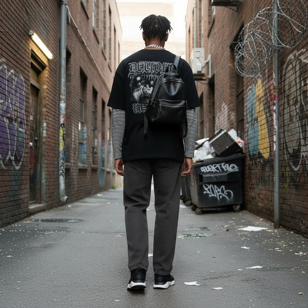 Urban Fashion & Streetwear | Craftklart dark gray vintage wash straight leg jeans worn by a man in an urban alleyway.