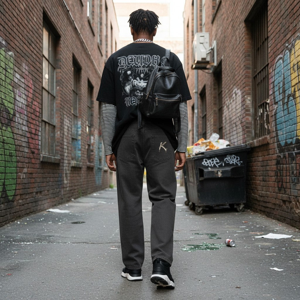Urban Fashion & Streetwear | Craftklart dark gray vintage wash straight leg jeans worn by a man in an alleyway.