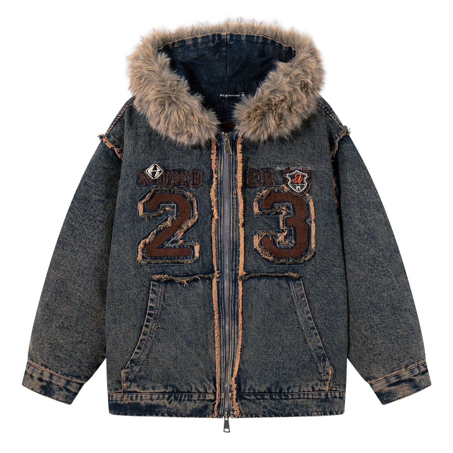 Urban Fashion & Streetwear | Craftklart distressed denim jacket with faux fur hood, number 23 embroidery, and zipper.