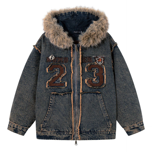 Urban Fashion & Streetwear | Craftklart distressed denim jacket with faux fur hood, number 23 embroidery, and zipper.