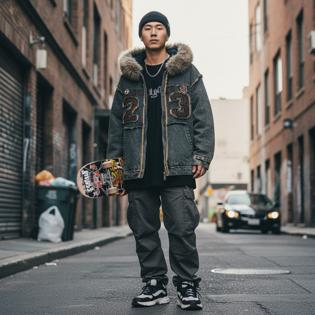 Urban Fashion & Streetwear | Craftklart denim jacket with faux fur hood, varsity 23 embroidery, and distressed finish.