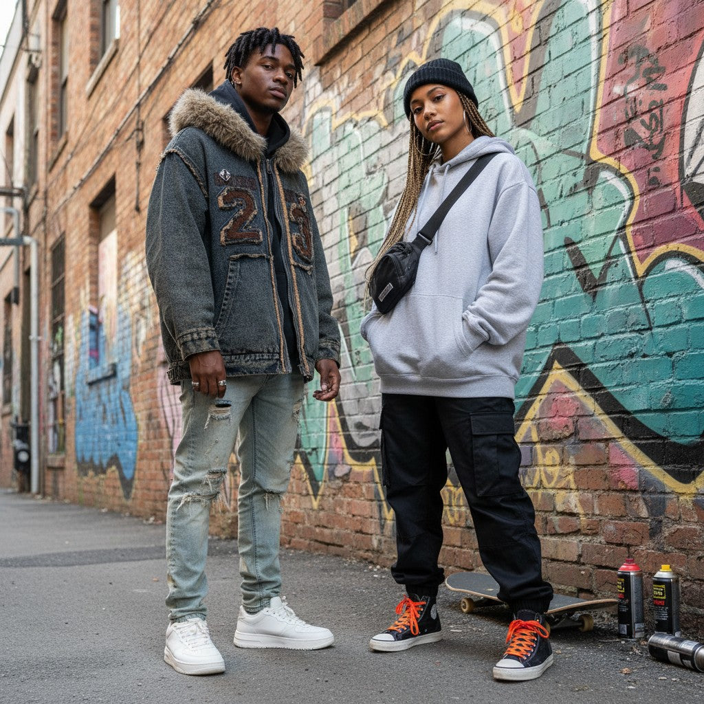 Urban Fashion & Streetwear | Craftklart denim jacket with faux fur hood and 23 embroidery worn by a man in an alley.