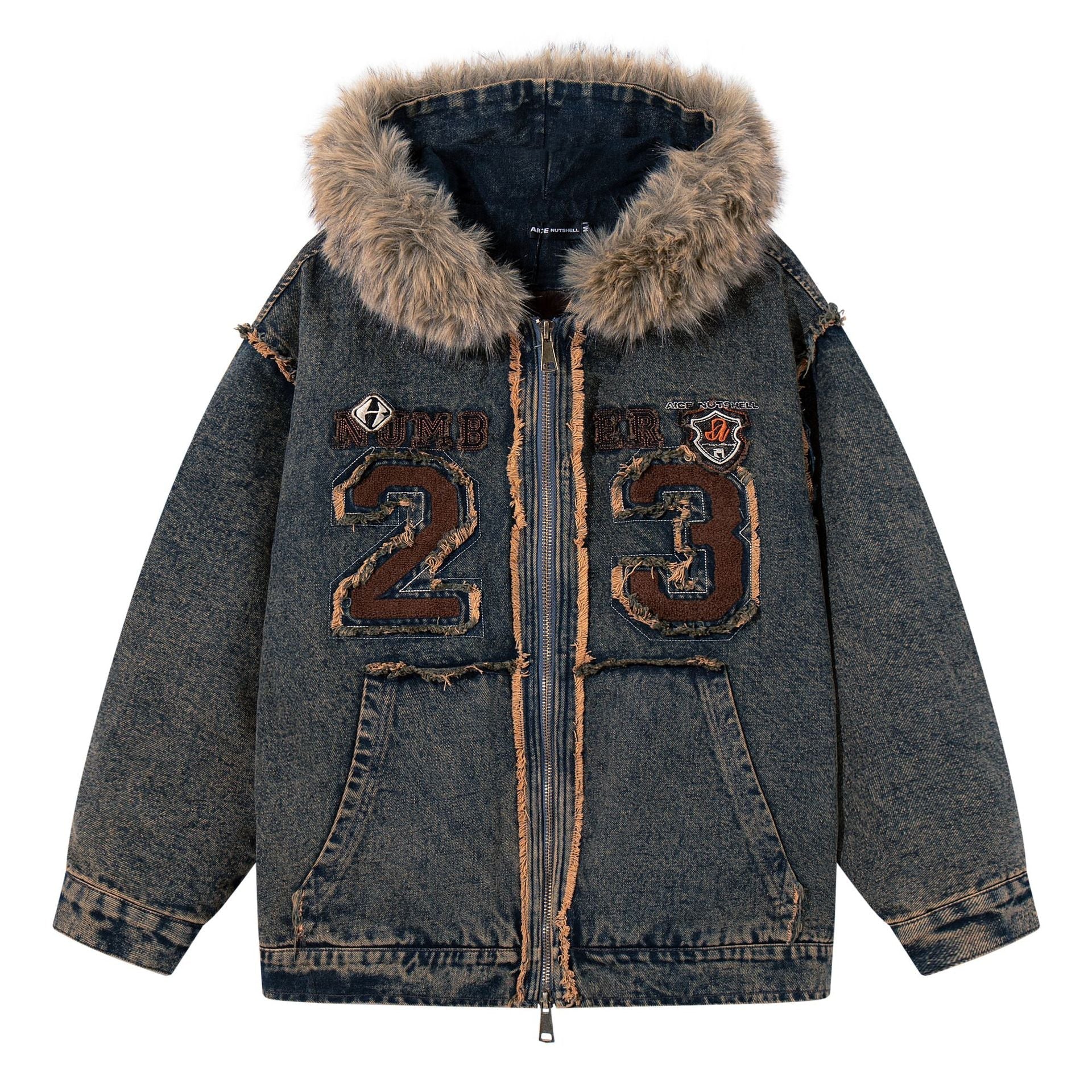Urban Fashion & Streetwear | Craftklart distressed denim jacket with faux fur hood, number 23 embroidery, and zipper.