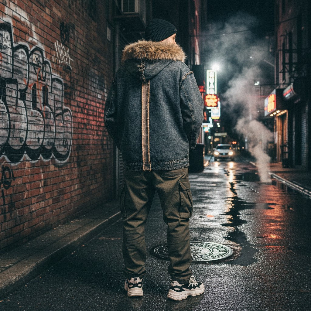 Urban Fashion & Streetwear | Craftklart denim jacket with faux fur hood and raw-edge back detail in a city alleyway