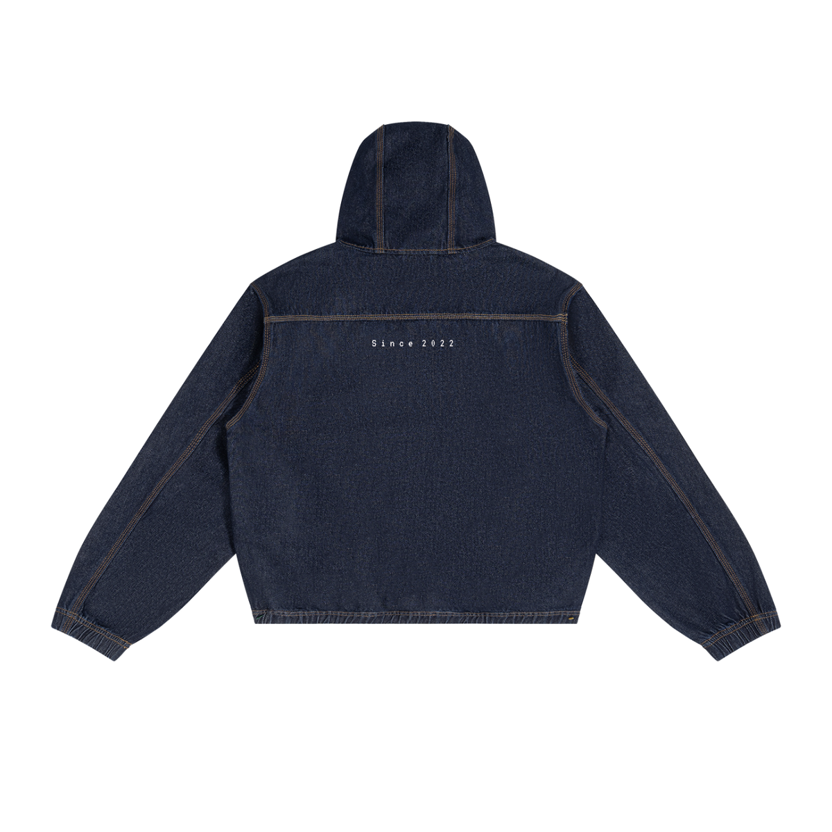 Back view of Urban Fashion & Streetwear | Craftklart boxy vintage wash denim hoodie with drop shoulders.