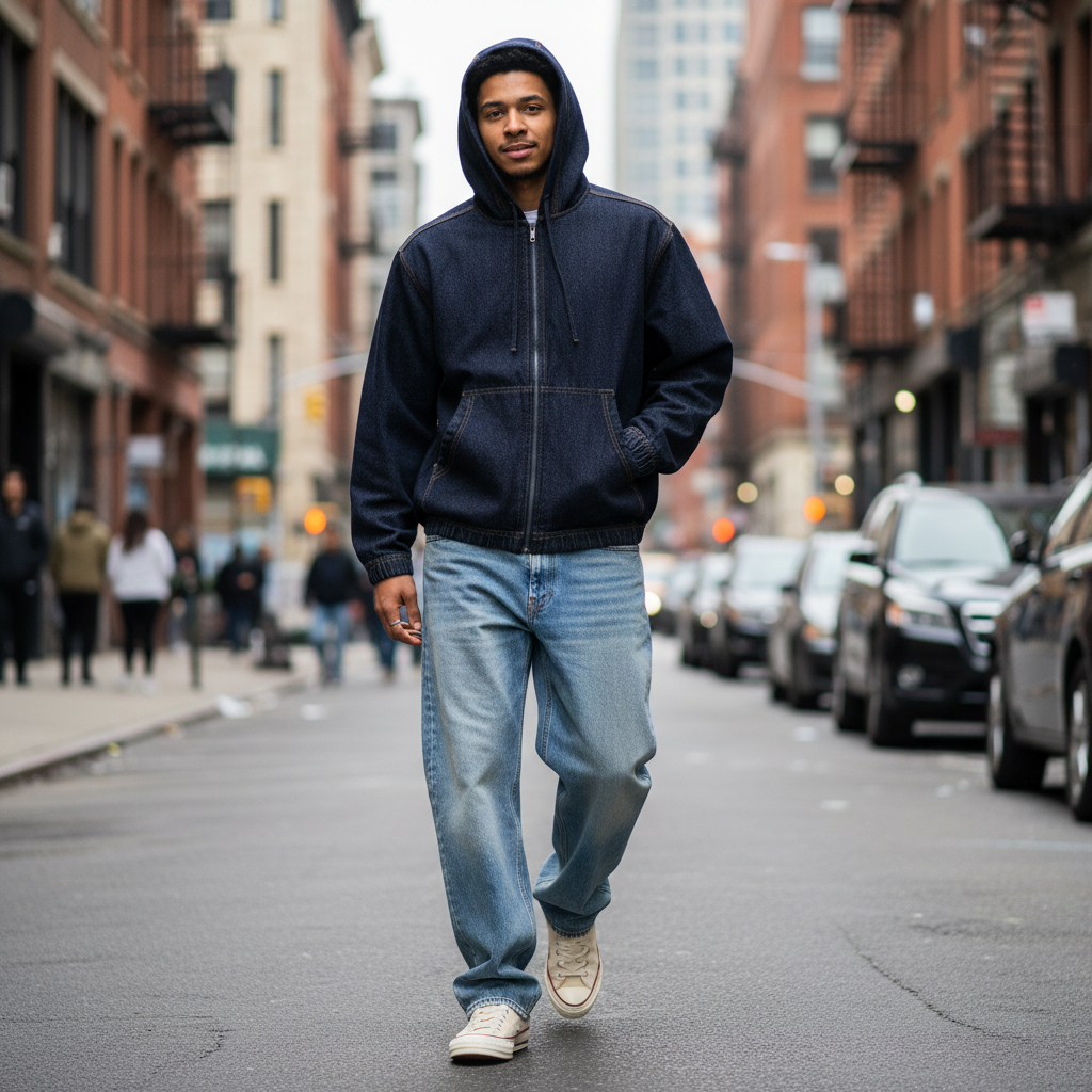 Urban Fashion & Streetwear | Craftklart boxy vintage wash denim hoodie with full zip and drop shoulders on a city street