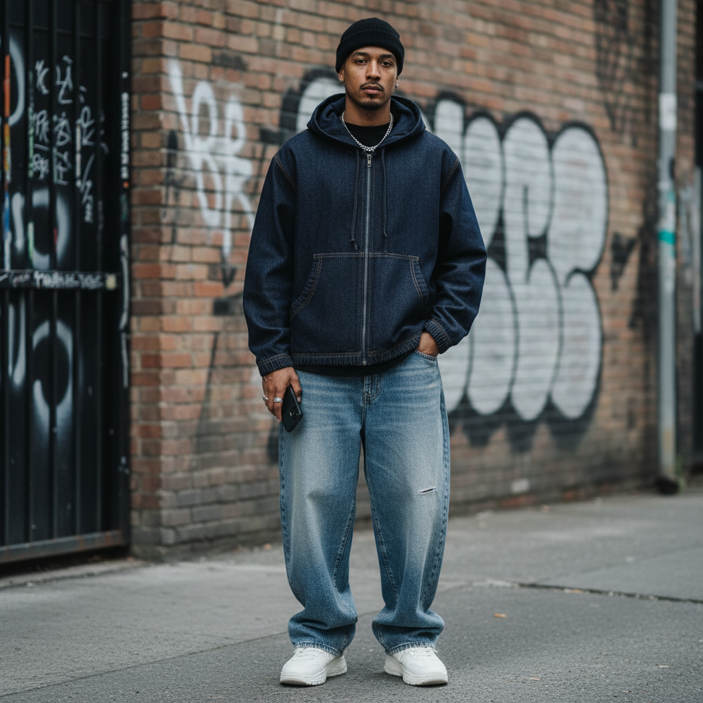 A man wearing an Urban Fashion & Streetwear | Craftklart boxy vintage wash denim hoodie with a full zip and pockets.