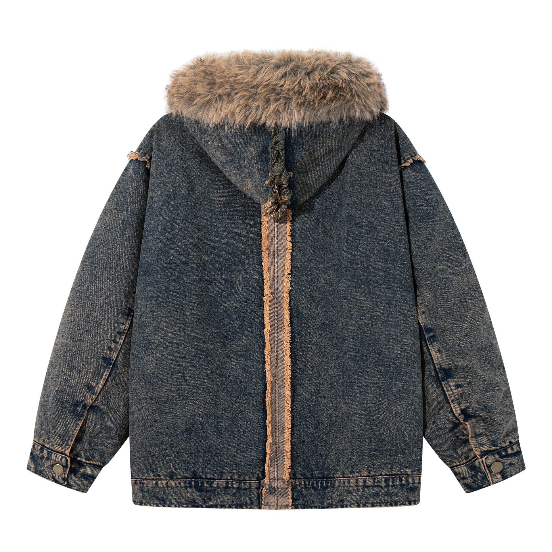 Back view of Urban Fashion & Streetwear | Craftklart denim jacket with faux fur hood and raw-edge seam detailing.