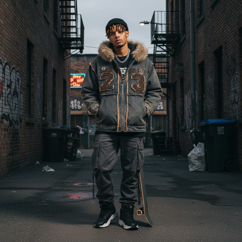 Urban Fashion & Streetwear | Craftklart faux fur hooded denim jacket with varsity 23 embroidery in an urban alleyway