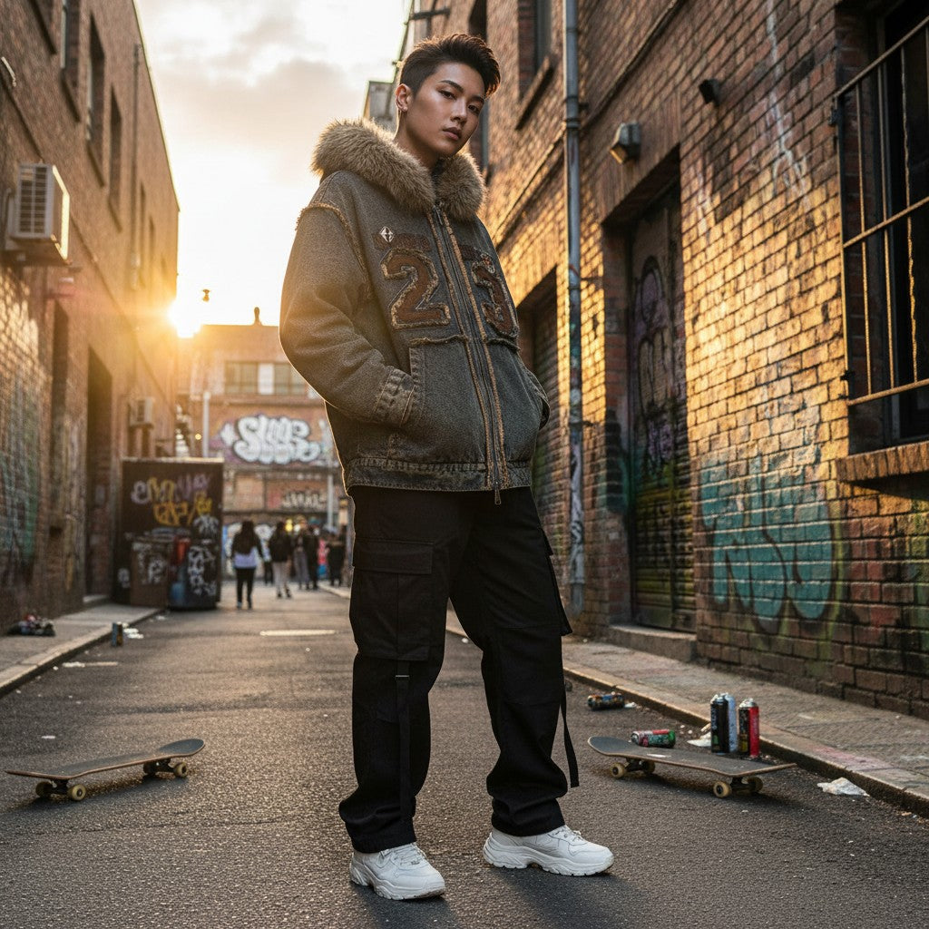 Urban Fashion & Streetwear | Craftklart denim jacket with faux fur hood and 23 embroidery worn by a man in an alley.
