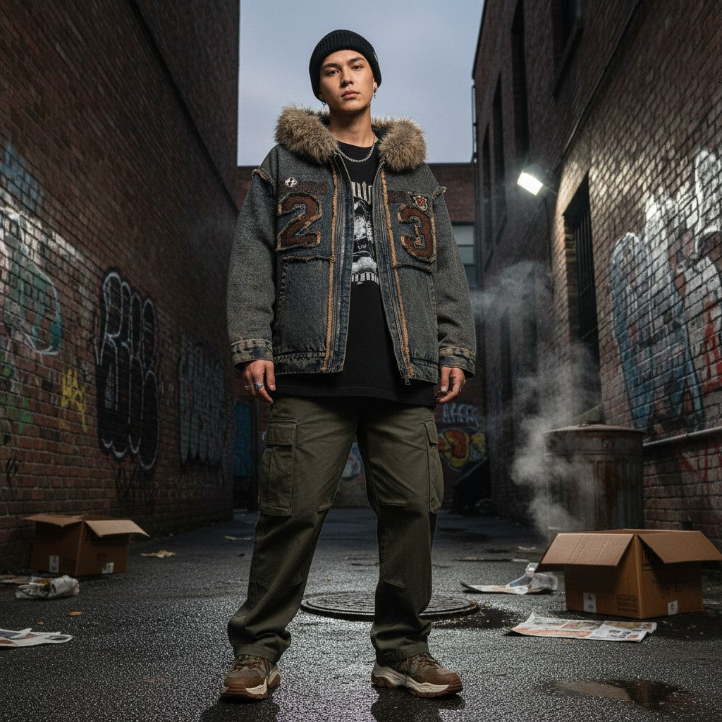Urban Fashion & Streetwear | Craftklart denim jacket with faux fur hood, varsity 23 embroidery, and distressed finish