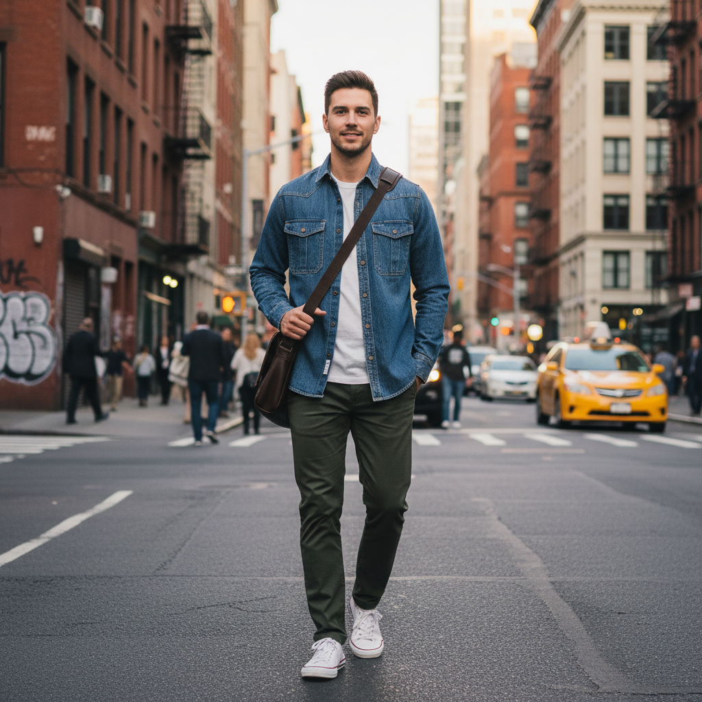 Urban Fashion & Streetwear | Craftklart denim shirt worn by a man with olive chinos and a messenger bag on a city street
